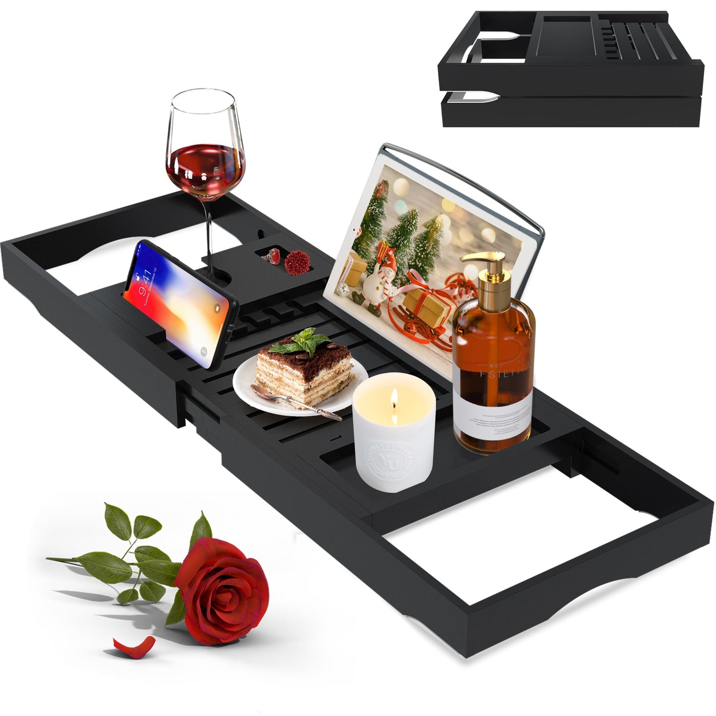 Artmalle Bathtub Caddy Tray for Tub,Foldable Bamboo Bath Table Tray with Book and Wine Glass Holder, Free Soap Dish Suitable for Luxury Spa or Reading,Natural