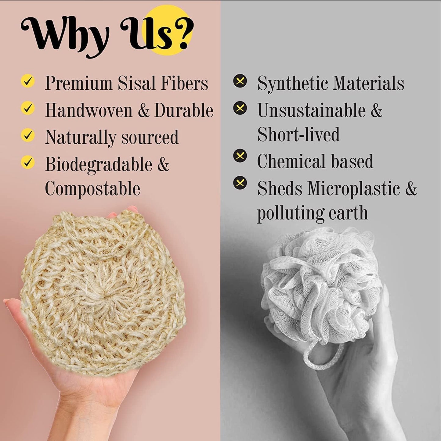 Natural Handwoven Sisal Loofah Body Scrubber | Organic Agave Fiber Shower Sponge - 3-Pack for Men & Women