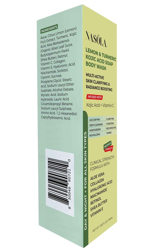 Nasola Lemon Turmeric Kojic Acid Soap Body Wash - Natural Gentle Face & Skin Cleanser with Vitamin C, Shea Butter, Collagen, Niacinamide, Hyaluronic Acid, and Aloe Vera - 11.83 Fl Oz