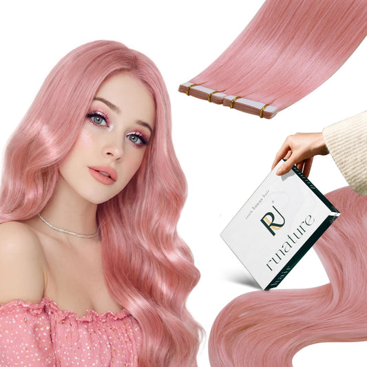 RUNATURE Pink Tape in Hair Extensions Human Hair 14 Inch 20g 10pcs
