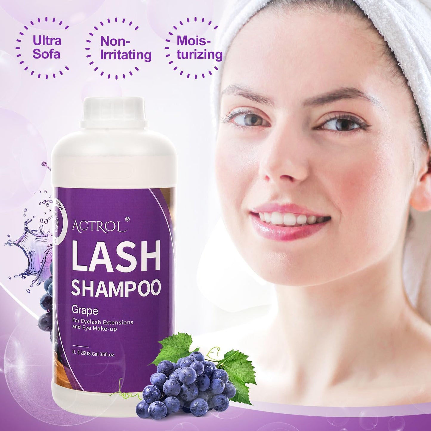 ACTROL Eyelash Extension Cleanser Grape 1L Natural Lash Extension Shampoo Professional Eyelid Foaming Cleanser Paraben & Sulfate Free Non-lrritating with Salon and Home Care
