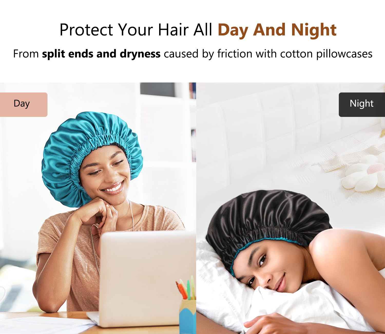 mikimini Black Satin Bonnet for Sleeping + Rainforest Bath Shower Cap with Pink Lace