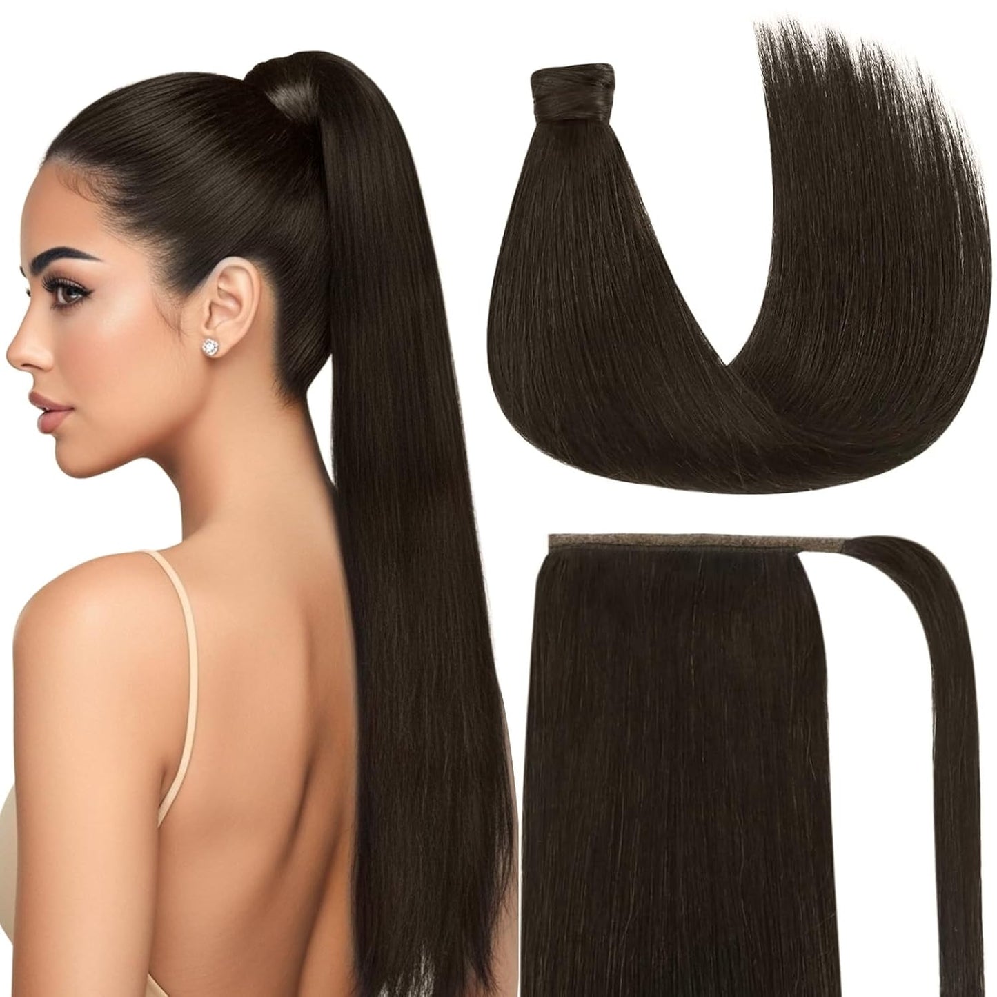 Real Human Hair Ponytail Extensions - 80g Clip-In Straight Hair for Women | Brunette Dark Brown, 14 Inch