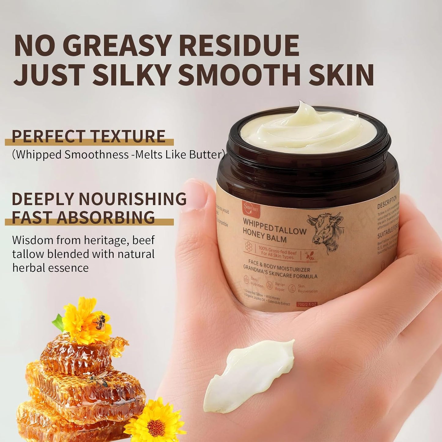 Beef Tallow Honey Balm - 100% Organic Grass-Fed Moisturizer | 2oz Face & Body Cream for Sensitive Skin