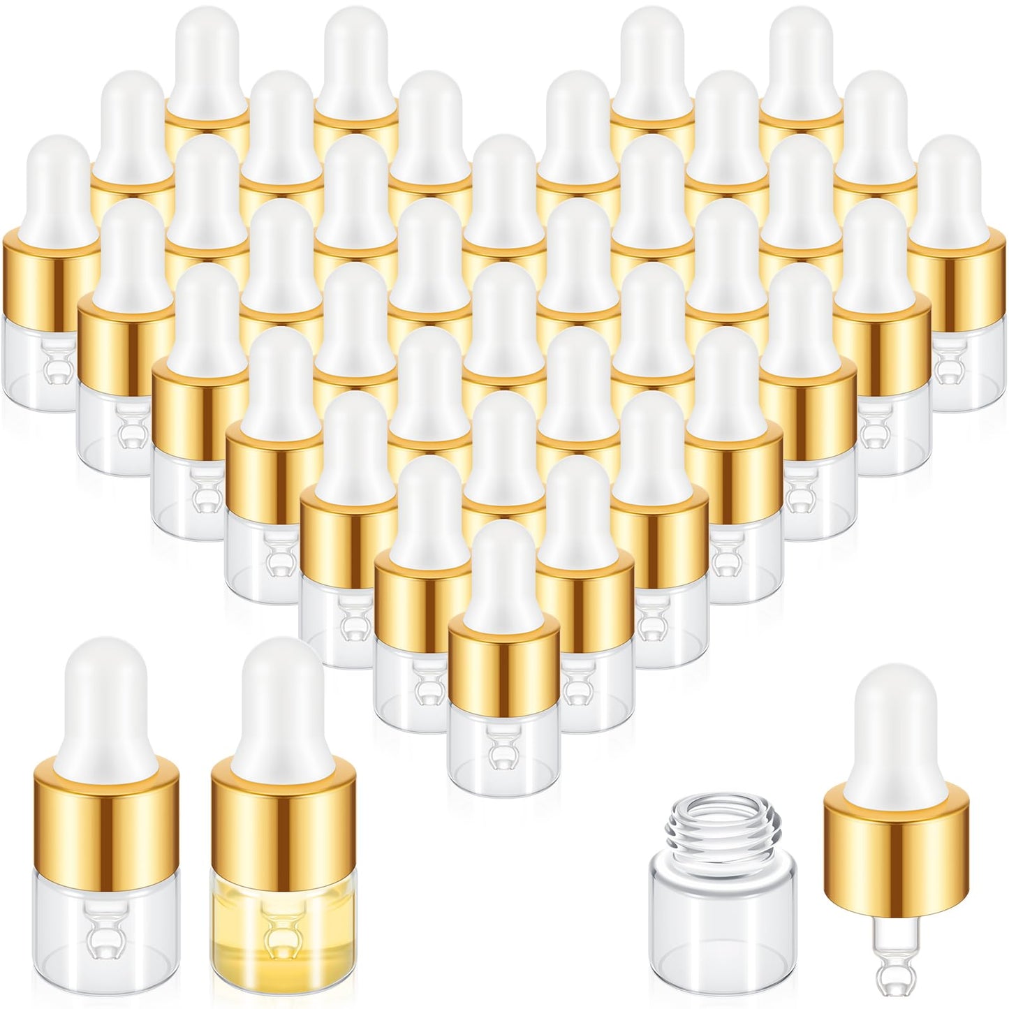 Didaey 200 Pcs 1/2/3/5/10/15 ml Mini Glass Oil Dropper Bottle Bulk, Clear Essential Small Empty Bottles Sample Containers Perfume Liquid Vials with Cap for Traveling (1 ml,Champagne Gold)