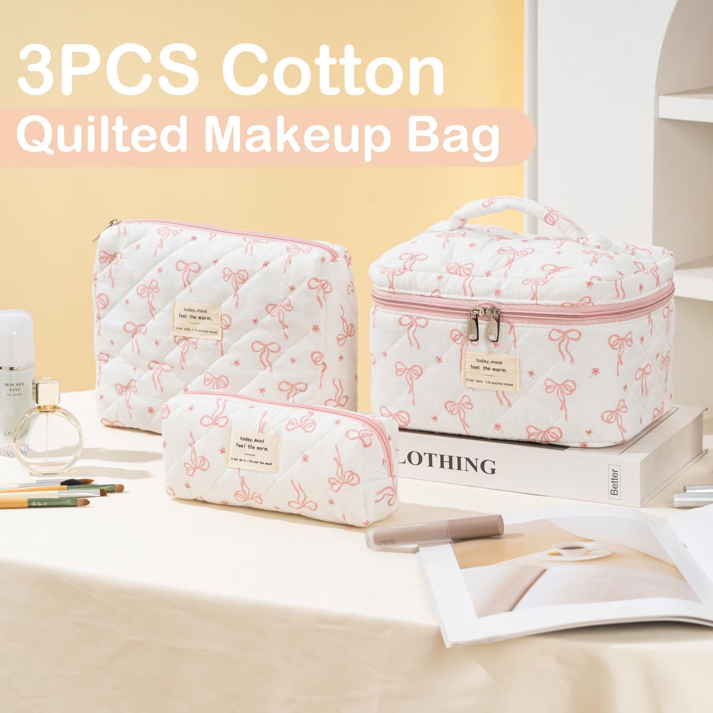 UUYUUY Makeup Bag for Women 3PCS Quilted Cotton Make Up Bag Travel Cosmetic Bag Large Makeup Bag Set Cute Bow Organizer Floral Toiletry Pouch for Purse, Bow B