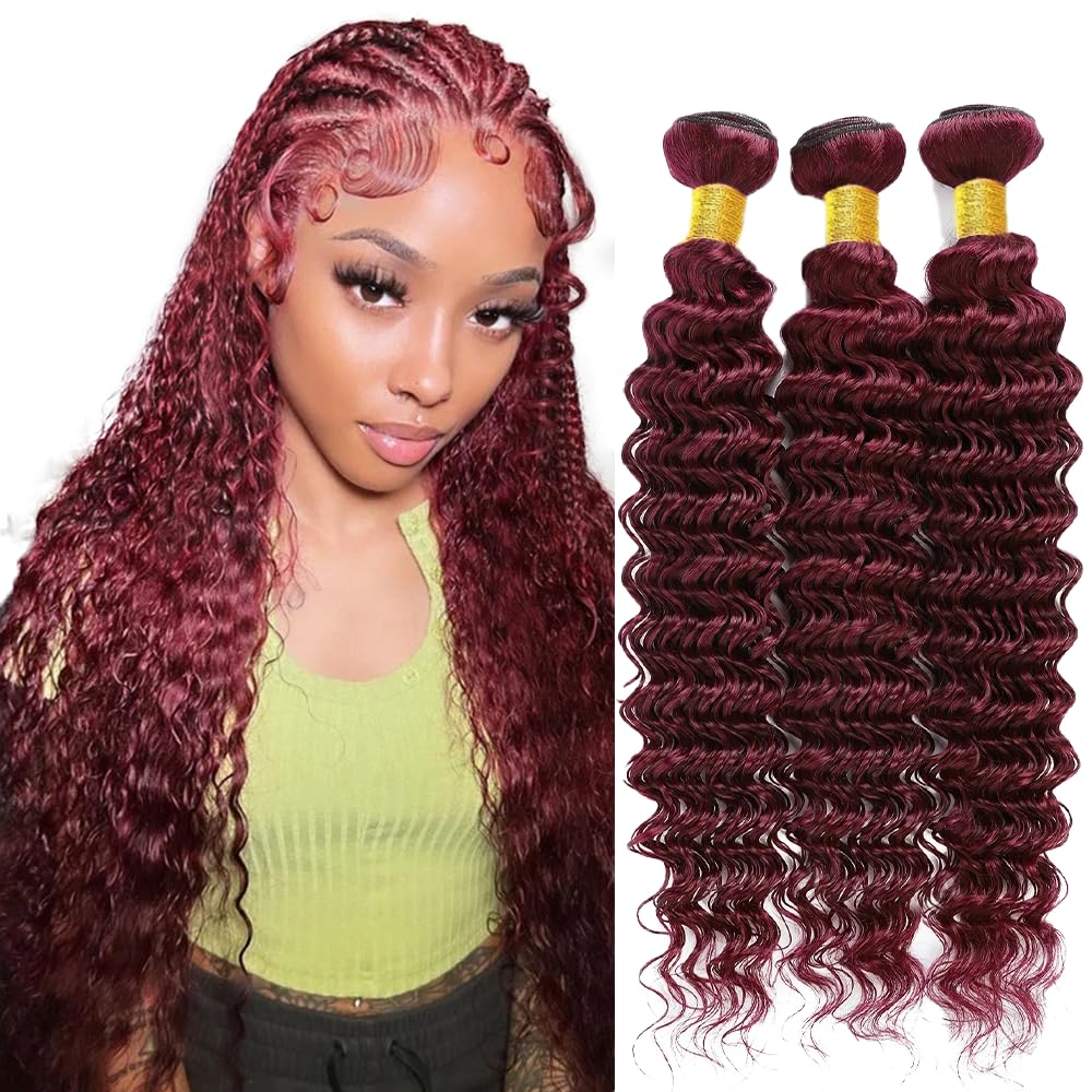 Deep Wave Human Hair Bundles - 14 Inch Wine Red #99J Burgundy Brazilian Virgin Hair | 3 Bundles, 50g Each