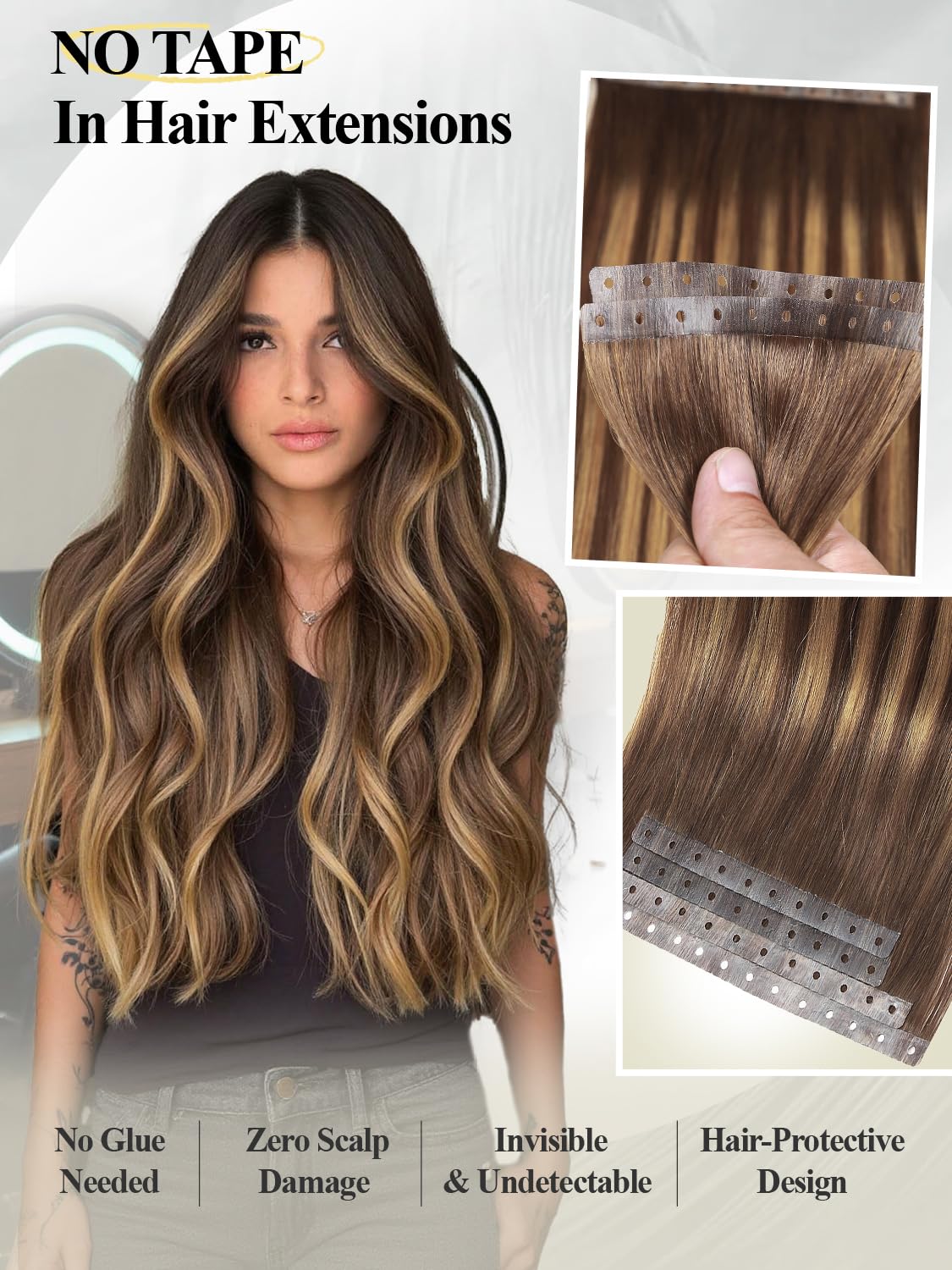 Human Hair Extensions Invisible PU Tape in Hair Extension T4/27 Highlight Honey Blonde Remy Human Hair Extensions with Beads Glueless Hair Extension for Women (30g 4Pcs,12 Inch)