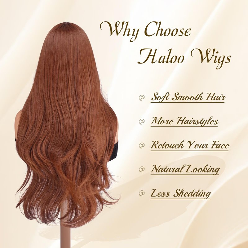 Haloo Auburn Wigs with Bangs - Long Layered Natural Looking Synthetic Heat Resistant Wavy Hair Wigs for Women Daily Party, 26 Inch