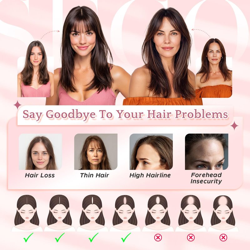 SEGO SEGOHAIR Hair Toppers for Women Real Human Hair with Bangs 360°Cover 3D Clips 2.76"x4.33" Breathable Lace Base 11 Inches Lightweight Hairpieces Wispy Bangs Dark Brown