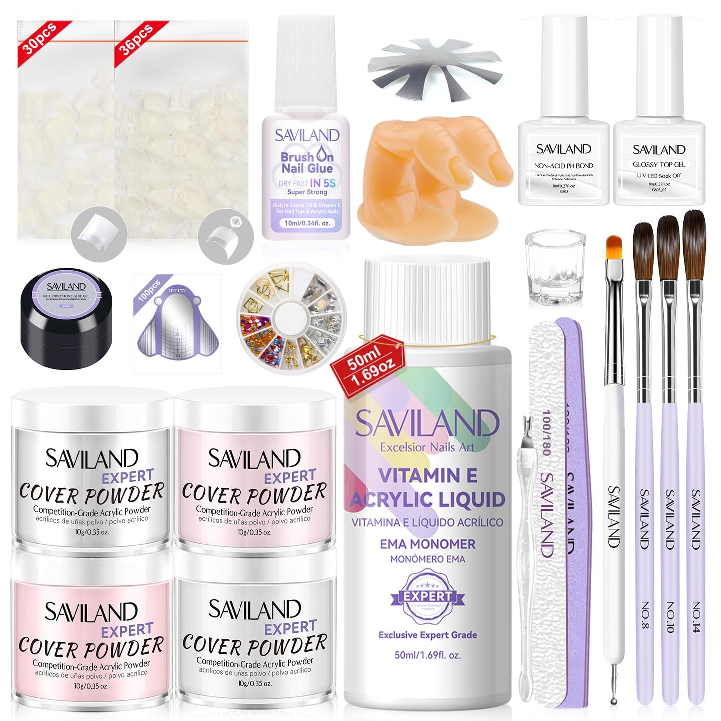 SAVILAND French Acrylic Nail Kit: Beginner Nail Kit Acrylic Set Easy to Use Acrylic Powder and Liquid Set with Half Cover Nail Tips Acrylic Nail Brushes Nail Tools for DIY French Manucure Kit