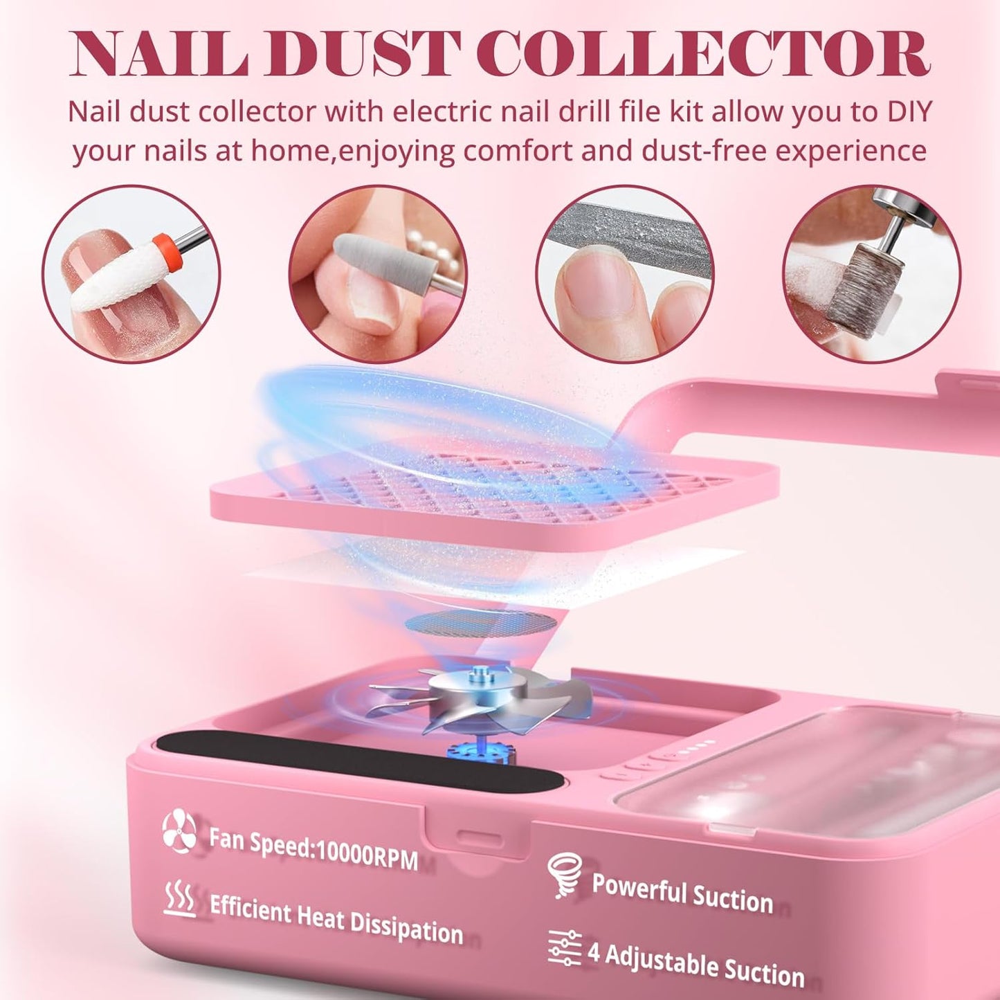 Nail Dust Collector & Cordless Electric Nail Drill Kit | Professional Manicure & Pedicure with 13 Bits - Pink