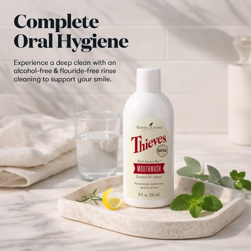 Young Living Thieves Fresh Essence Plus Mouthwash | 8 fl oz | Alcohol-Free and Fluoride-Free | Enhanced with Essential Oils | Peppermint, Rosemary, Lemon, & Cinnamon Oils