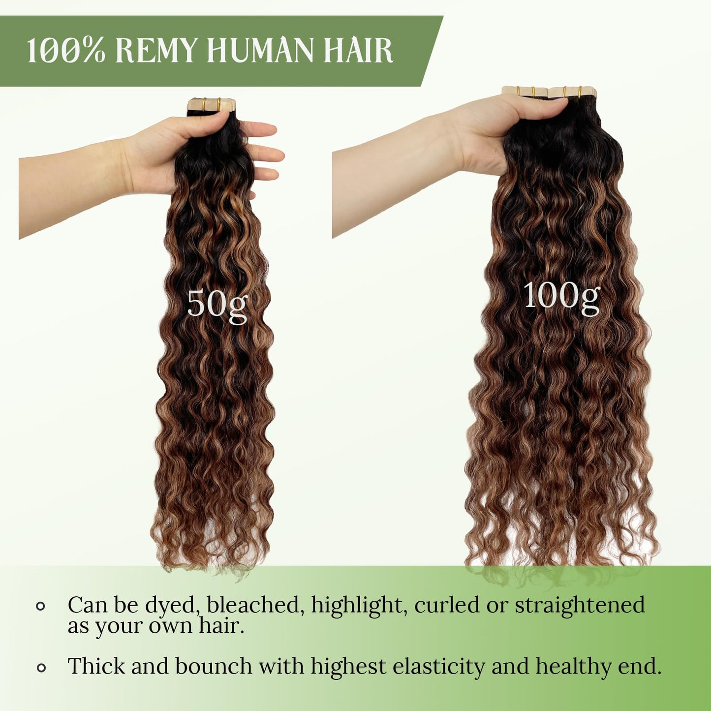 Tape in Hair Extensions Human Hair, Ombre Brown Colored Water Wave Tape in Extensions, 20pcs 50g 16 inch Remy Invisible Tape ins Curly Soft Real Human Hair for Black Women