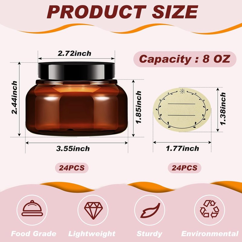 24 Pack Plastic Jars with Lids - Multiuse Slime & Body Scrub Containers | 8 oz, Brown