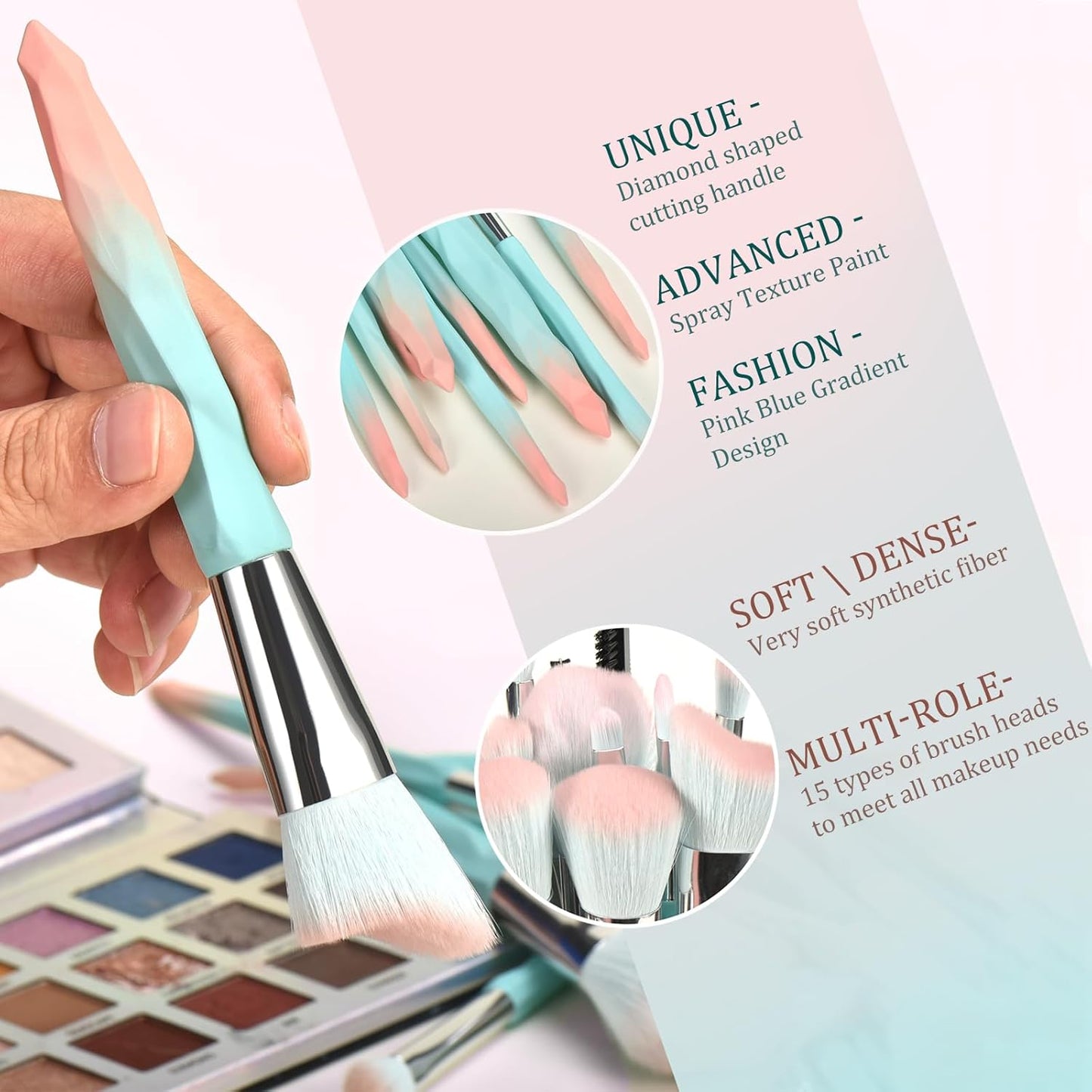 Pink Blue Gradient Makeup Brushes Set - 18 Soft Synthetic Fiber Brushes & Sponges for Beginners | Perfect Gift for Valentine's Day & Christmas
