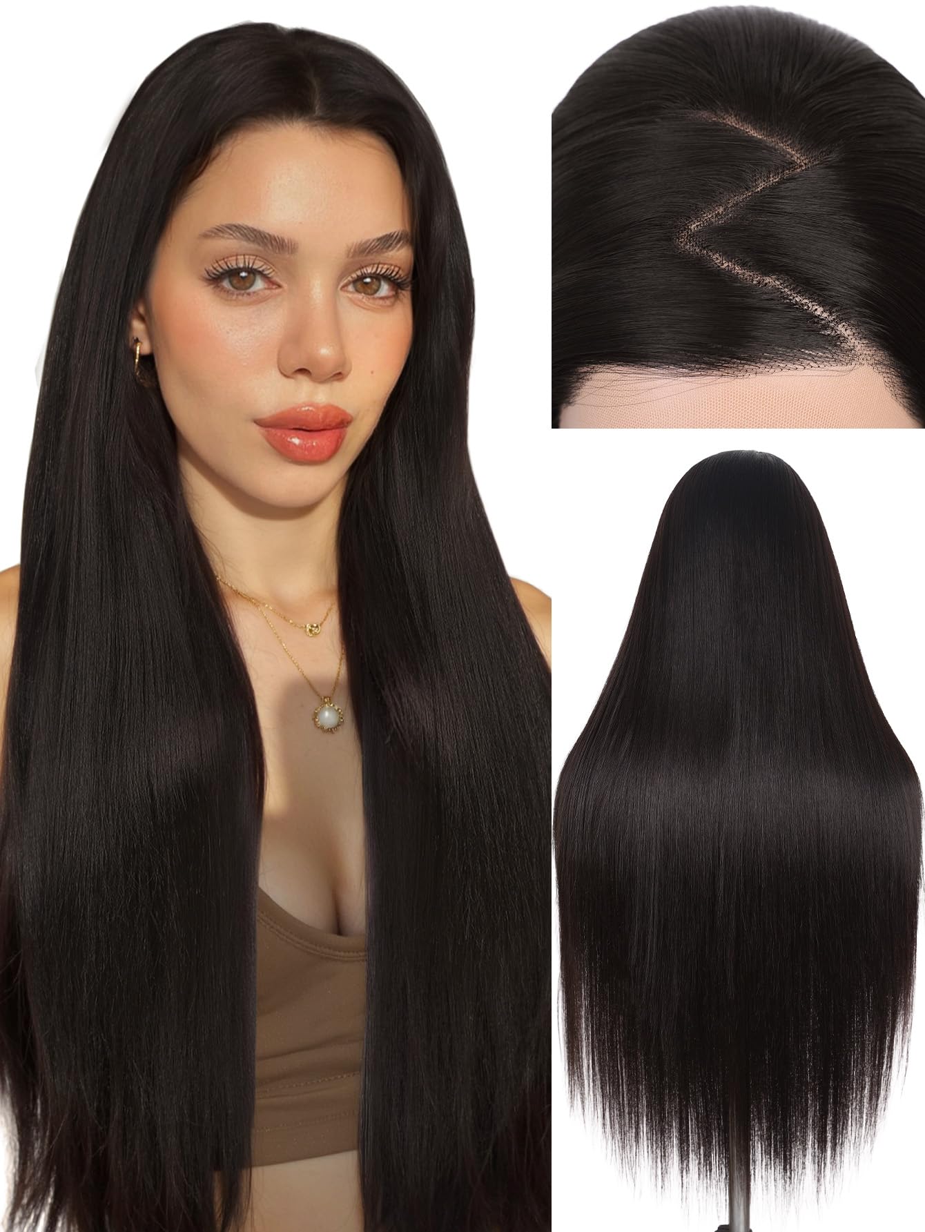 FAVE 13x4 Lace Front Wigs 30” Long Straight Synthetic Wig Pre-Plucked Glueless Brunette Wig for Daily Use Chocolate Brown Wig Beginner Friendly