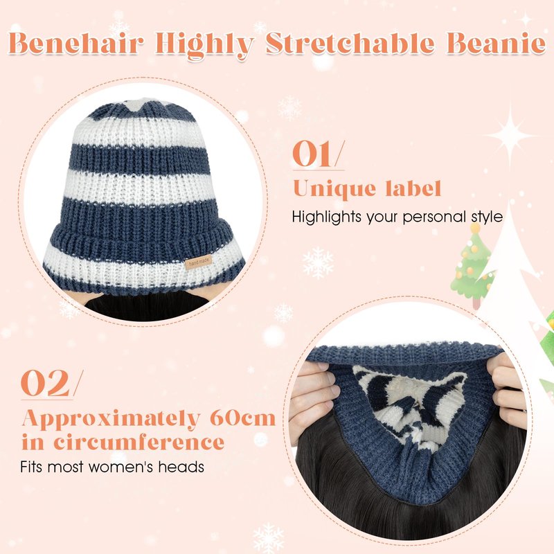 Benehair Beanie Wig Hair Extensions, Knitted Hats with Synthetic Bob Wig Hairpieces for Women Winter, 11 Inch Short Straight Dark Brown Hair with Blue & White Stripe Beanie