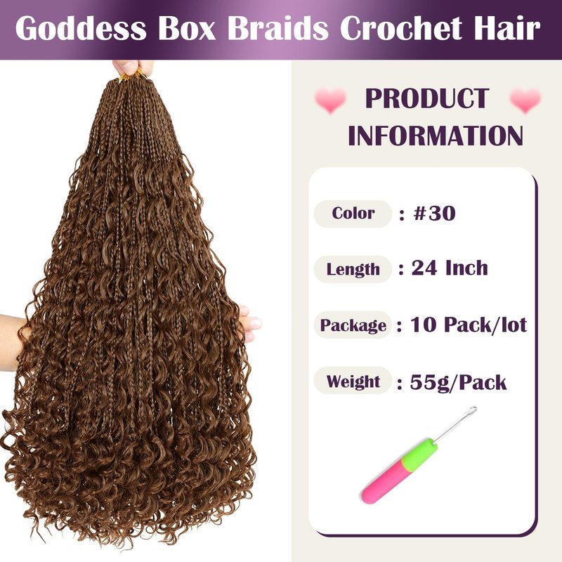 QQPIKHU 24 Inch Boho Crochet Braids Close to Human Hair Mixed Synthetic Goddess Box Braids Crochet Hair Extensions Pre Looped Bohemian Goddess Braids Crochet Hair for Women (#30, 10 Packs)