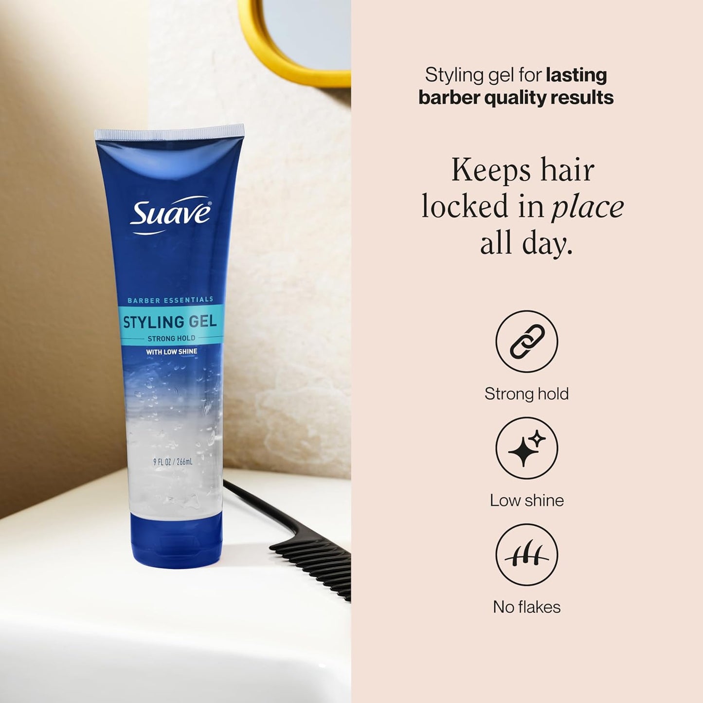 Suave Hair Gel For Men Barber Essentials Styling, Strong Hold and Low Shine, No Flakes, Barber-Quality Results, 9 oz