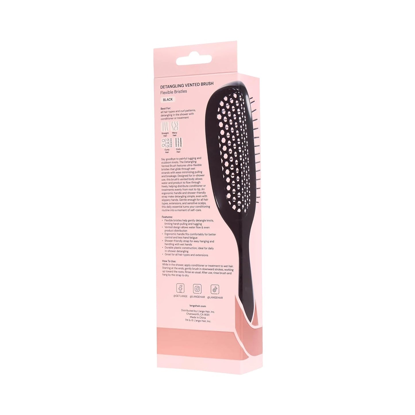 L'ANGE HAIR Detangling Vented Brush - Flexible Bristles for Wet/Dry Hair | Ergonomic Design for All Hair Types (Black)