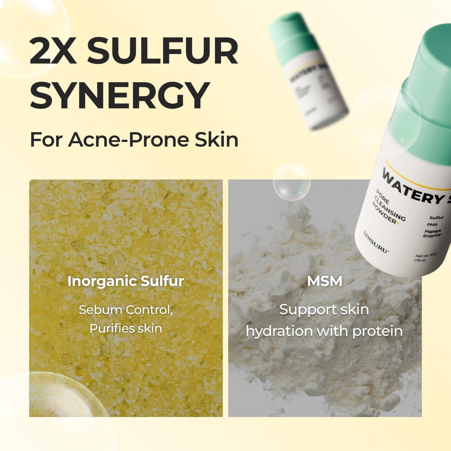 SINSURU Watery Sulfur Pore Cleansing Powder - Korean Sulfur Face Wash & Enzyme Face Wash with PHA | Deep Pore Cleansing & Oil Control for Oily, Sensitive Skin (1.76 oz / 50g)