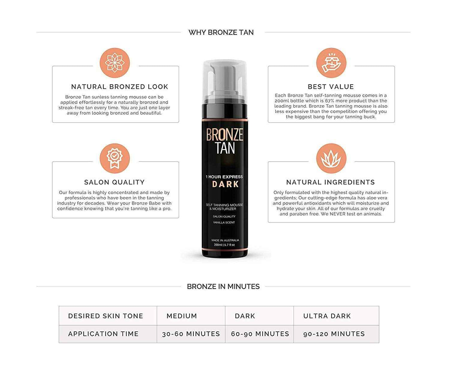 Bronze Tan Self Tanner Mousse Dark Self Tan Foam | Sunless Tanner for all Skin Tones | Salon Quality Fake Tan Vanilla Scented Best Sellers (200 ml/ 6.7 oz)