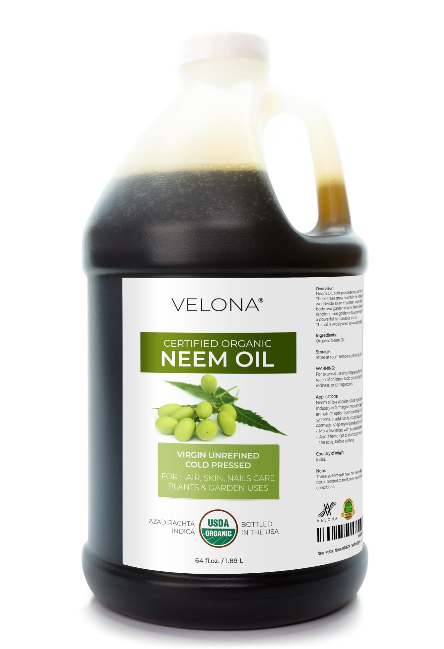 velona Neem Oil USDA Certified Organic - 64 Fl Oz | 100% Pure and Natural Carrier Oil | Virgin, Unrefined, Cold Pressed | Hair, Body and Skin Care | Use Today - Enjoy Results