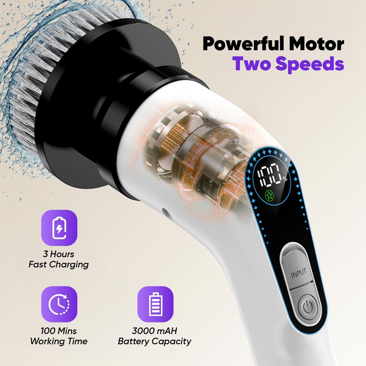 848 Store Electric Spin Scrubber Cordless – Powerful Bathroom Cleaning Brush with Long Handle, 2 Speeds, 3000mAh Rechargeable, 7 Brush Heads, Wall Hanger & Crevice Tools – Shower, Tub & Tile Cleaner