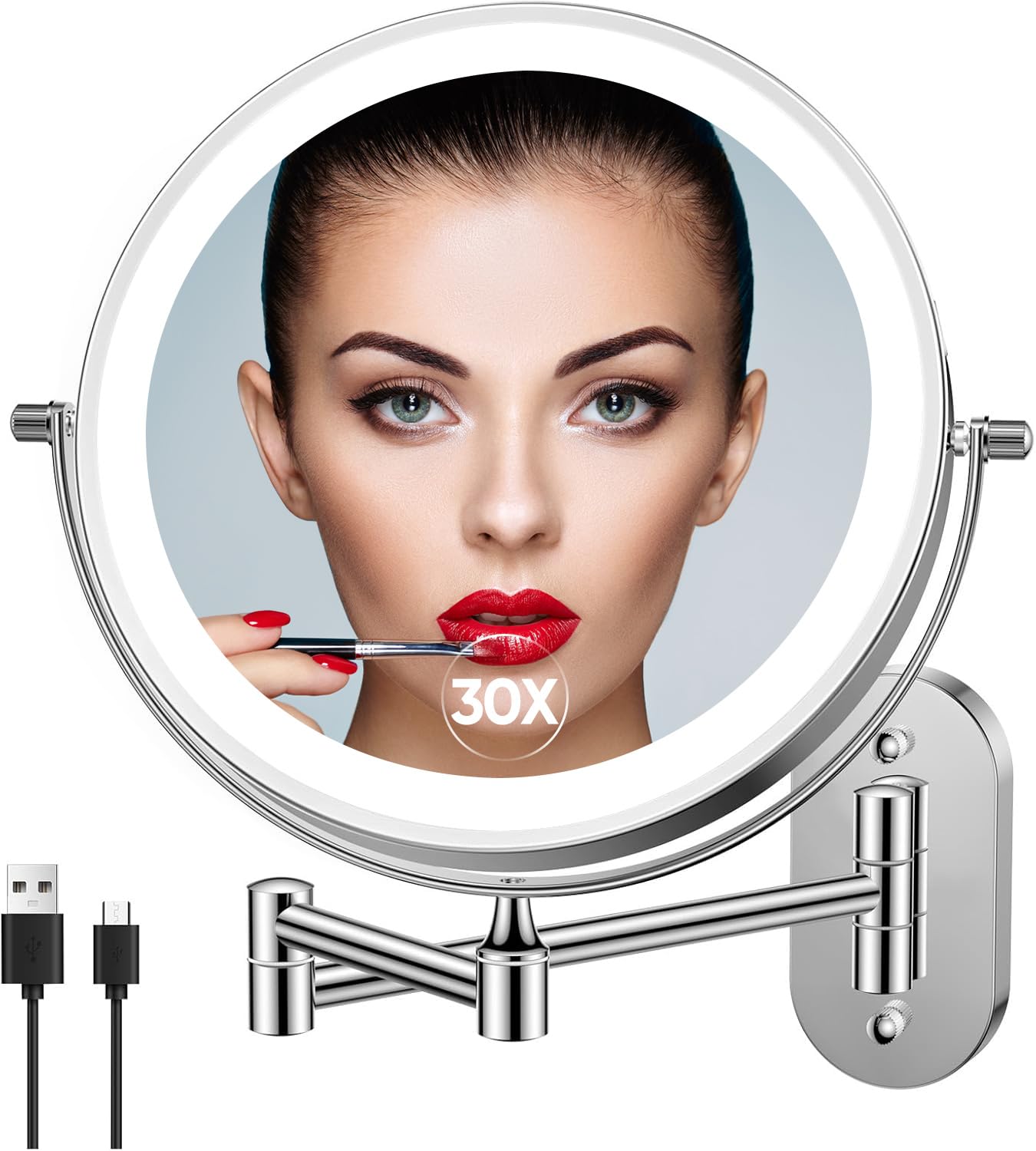 FUNTOUCH 5000mAh Rechargeable Wall Mounted Lighted Makeup Vanity Mirrors, Double Sided 1X 30X Magnifying, 3 Color Lighting, Touch Screen Dimming, Extended Arm 360 Rotation Shaving Bathroom Mirror