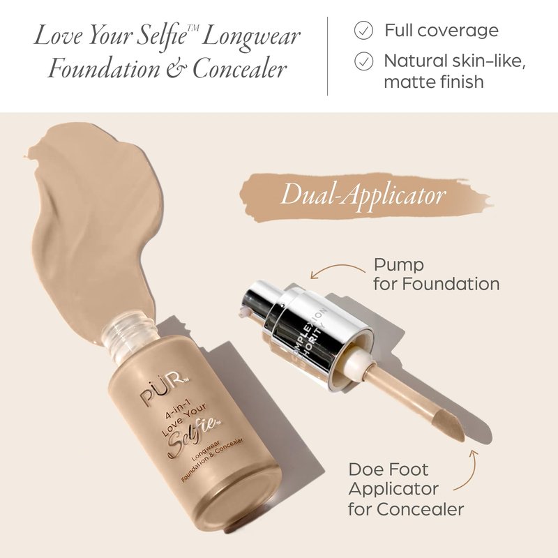 PÜR MINERALS 4-in-1 Love Your Selfie Longwear Foundation and Concealer - Unique, Dual-Applicator Component - Covers Blemishes and Imperfection - Reduce Fine Lines and Wrinkles - TN3-1 oz Makeup