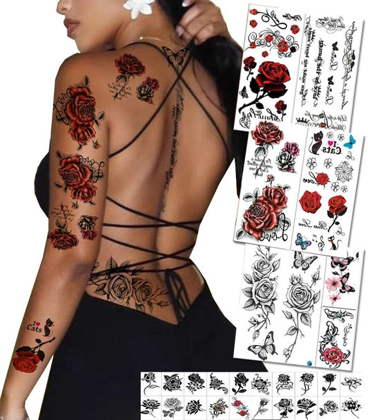 32pcs Red Temporary Rose Flower Arm & Leg Tattoo Stickers, Sexy Stripper Chest & Thigh Design, Waterproof, Perfect For Women (rose-red)