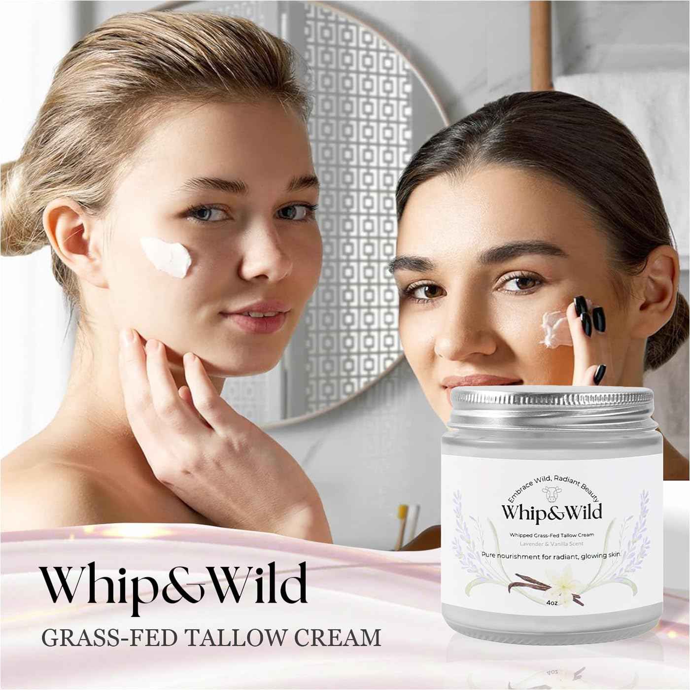 Whip & Wild 100% Grass Fed Beef Tallow for Skin Care Face + Body - Whipped Moisturizer for Sensitive Skin - Natural Lotion, 4 FL. oz. Lavender Vanilla Scent