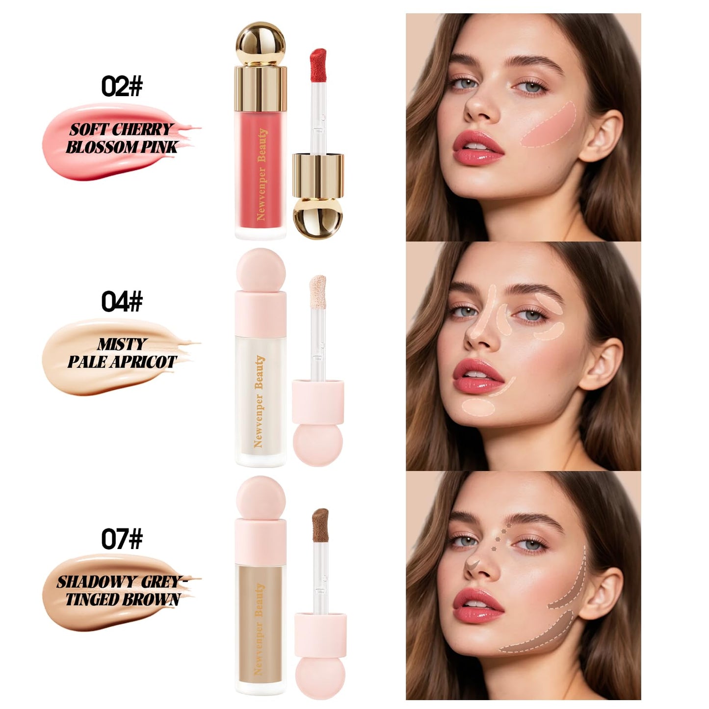 Liquid Contour,Liquid Highlighter, Blush with Face Brush Long Lasting Smooth Lightweight Smudge Proof Contour+ Blush+ Highlighter