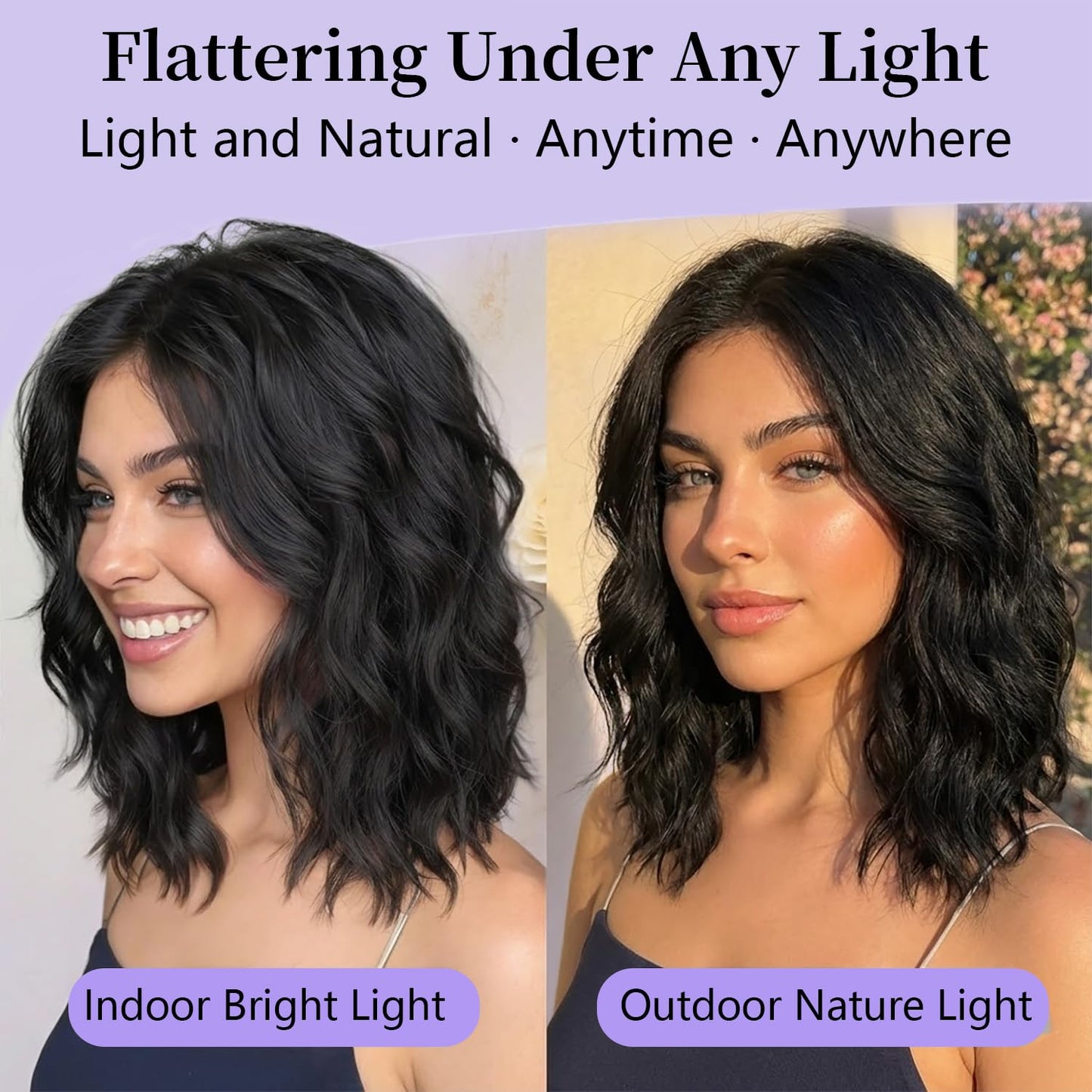 AISI HAIR 14 Inch Natural Black Wigs for Women - Shoulder Length Wave Wig with Pre-Cut Lace Hairline, Middle Part Natural Wavy Bob Synthetic Heat Resistant Fiber for Daily and Party