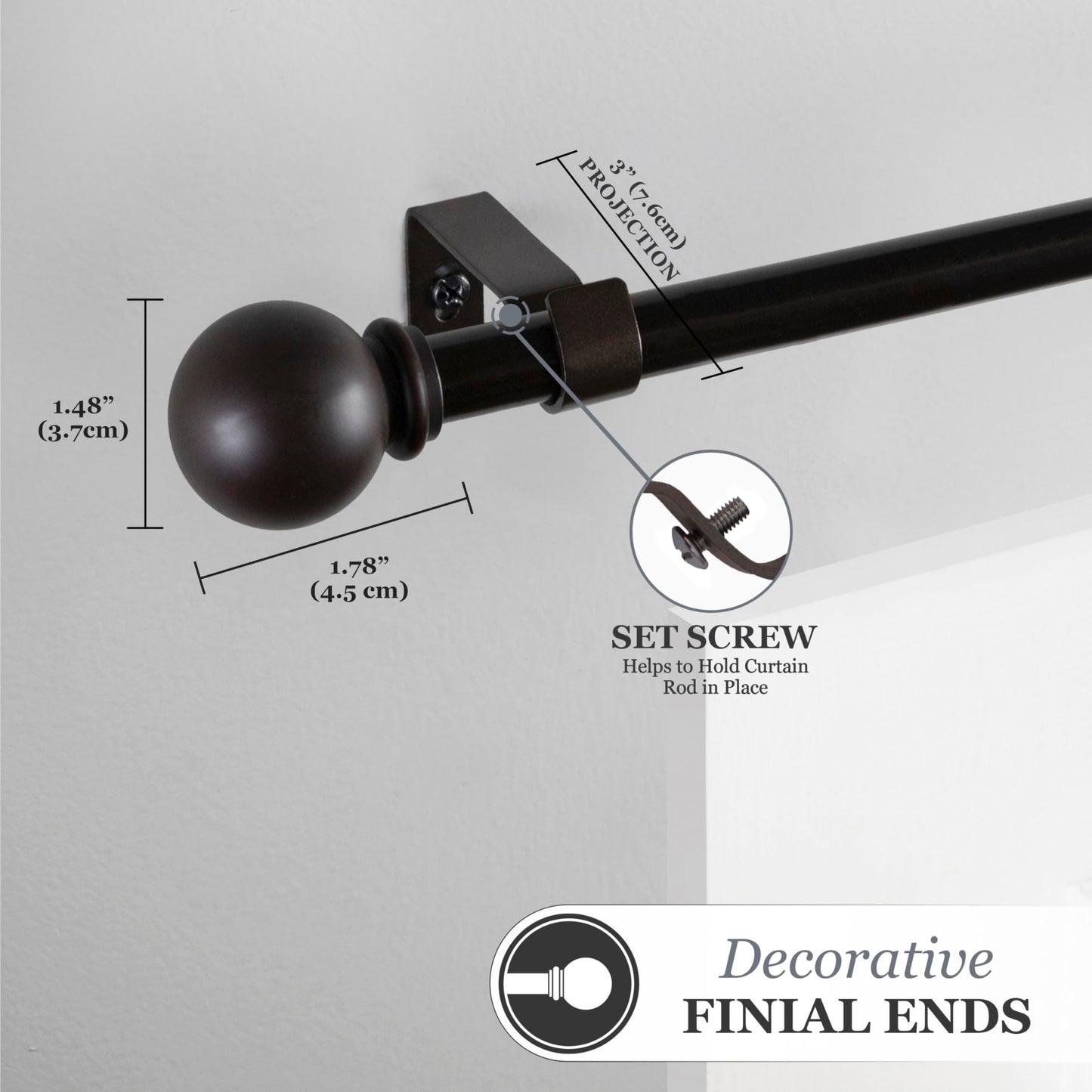 Kenney Chelsea Ball End Window Curtain Rod, Adjustable 48 to 86 Inch Extendable Rod Set, Weathered Brown