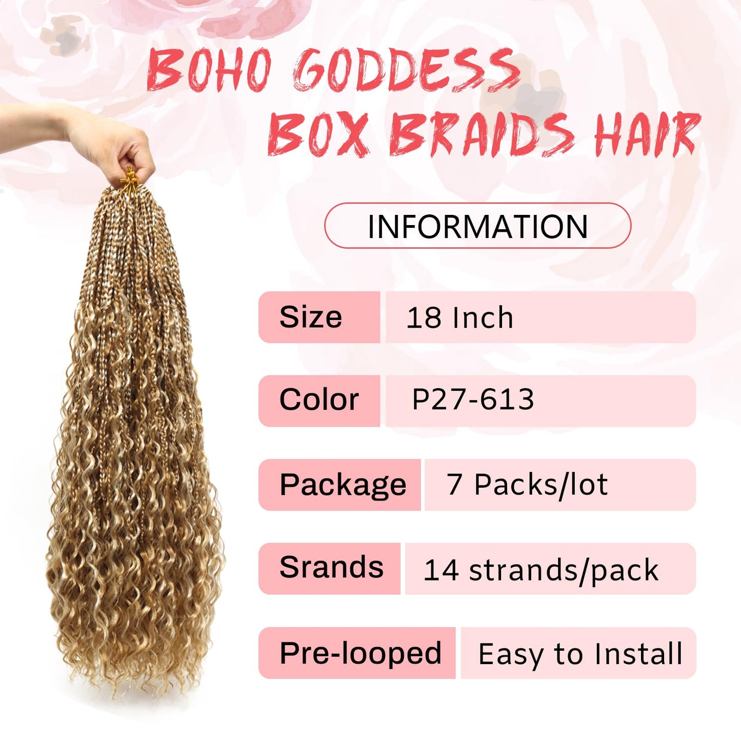Eeanno Goddess Box Braids Crochet Hair 18 Inch 7 Packs Mixed Blonde 613 Boho Crochet Hair for Women Pre Looped Crochet Box Braids with Curly Ends, P27613