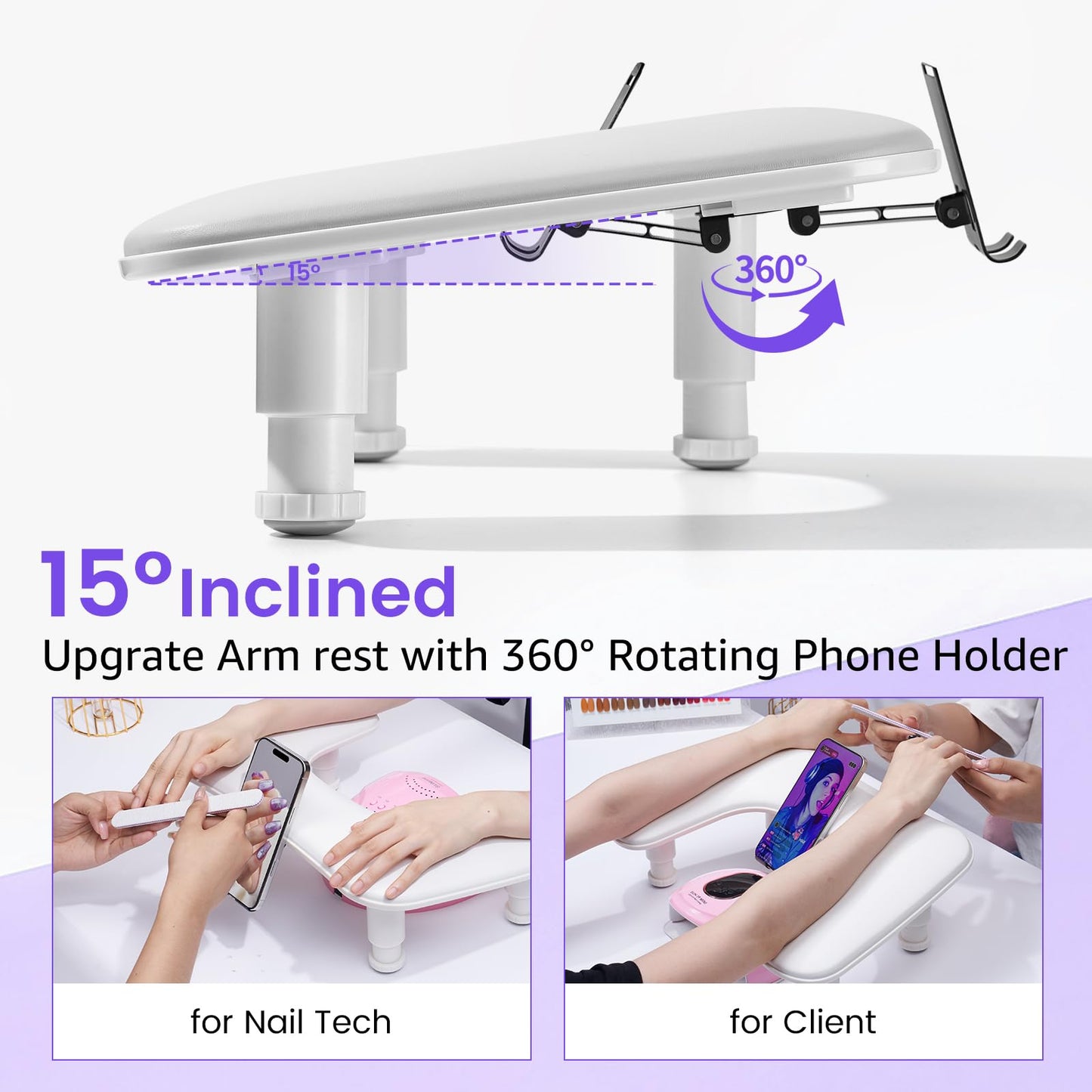 Arm Rest for Nails Tech: 3rd Generation Manicure Nail Arm Rest with Rotating Phone Stand, U-Shaped Height Adjustable Hand Rest Pillow for Acrylic Nails White