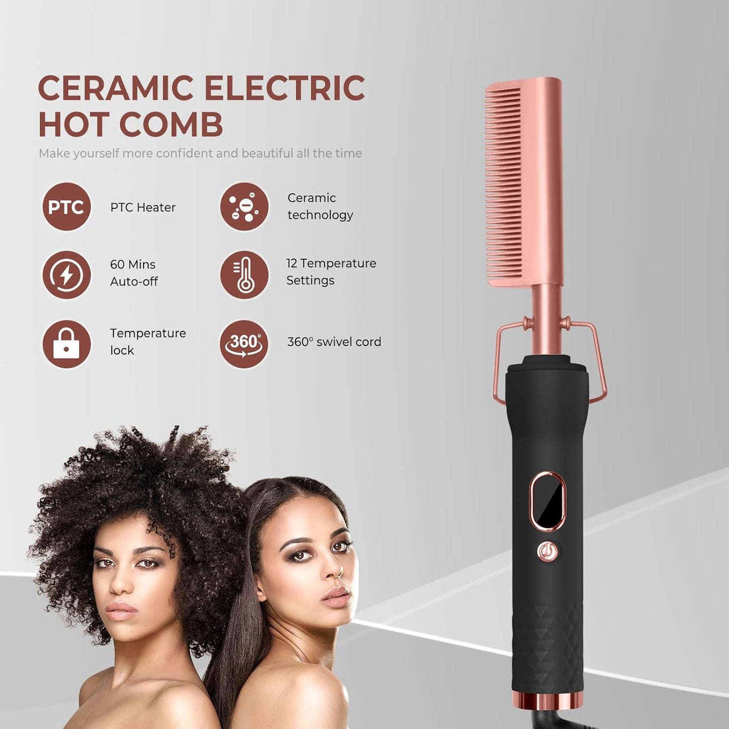 Heating Comb with 12 Temp Settings - 450°F Straightening & Curling Tool | 110-240V
