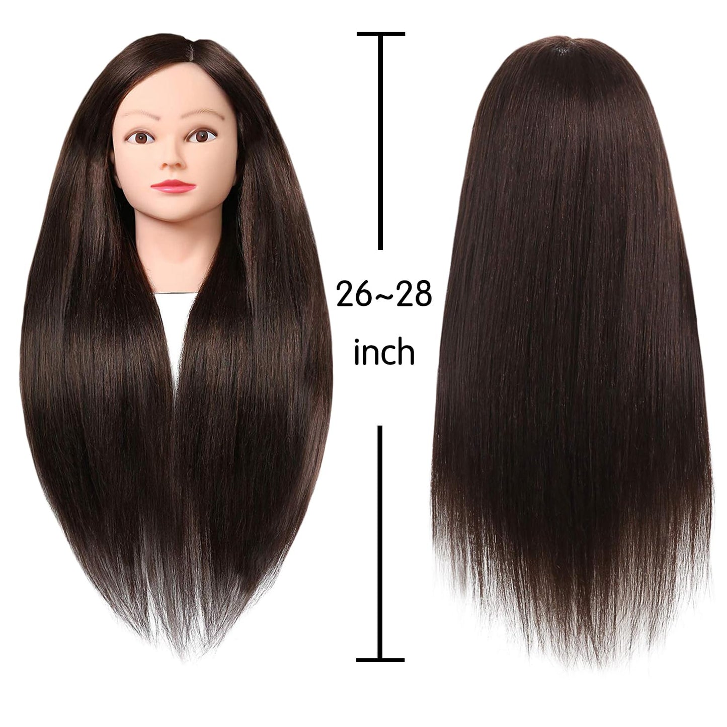 26"-28" Long Hair Mannequin Head with 60% Real Hair, Hairdresser Practice Training Head Cosmetology Manikin Doll Head with 9 Tools and Clamp - #4 Brown, Makeup On
