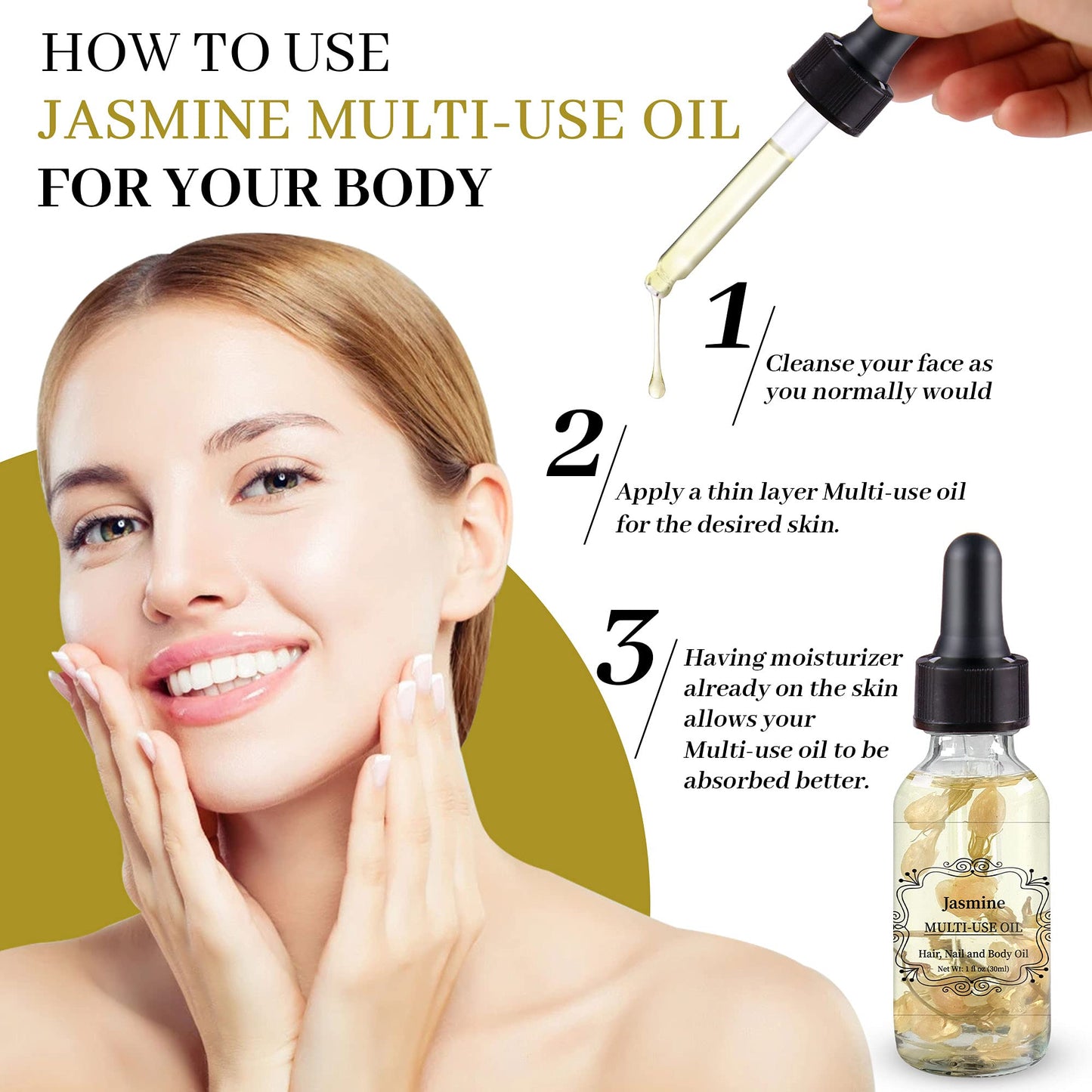 Jasmine Multi-Use Oil for Face, Body and Hair - Plant Fragrant Essential Oil for Dry Skin, Scalp and Nails - 1 Fl Oz