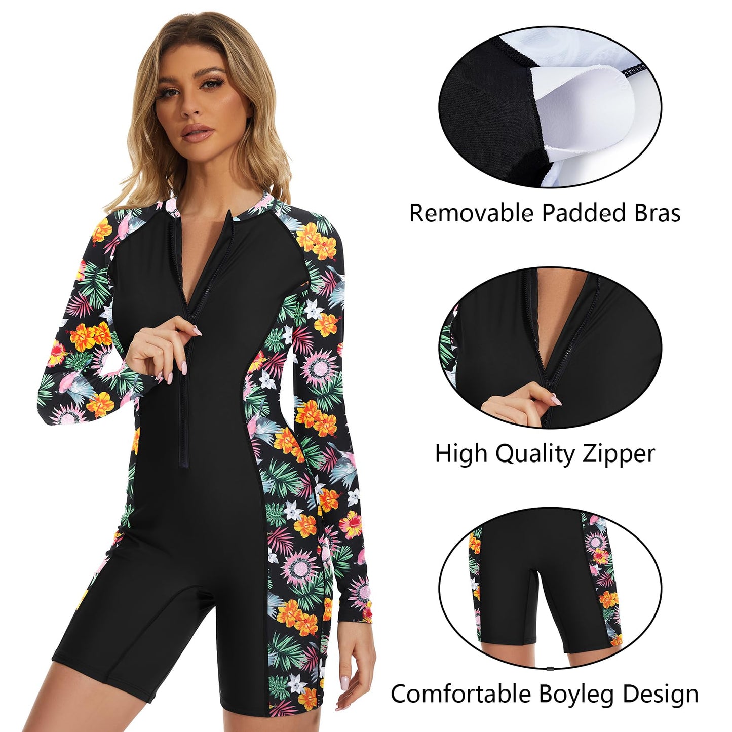 Century Star Long Sleeve Rash Guard for Women One Piece Swimsuit Boyleg Athletic Surfing Zipper Modest Swimwear Bathing Suits Black Paisley Small