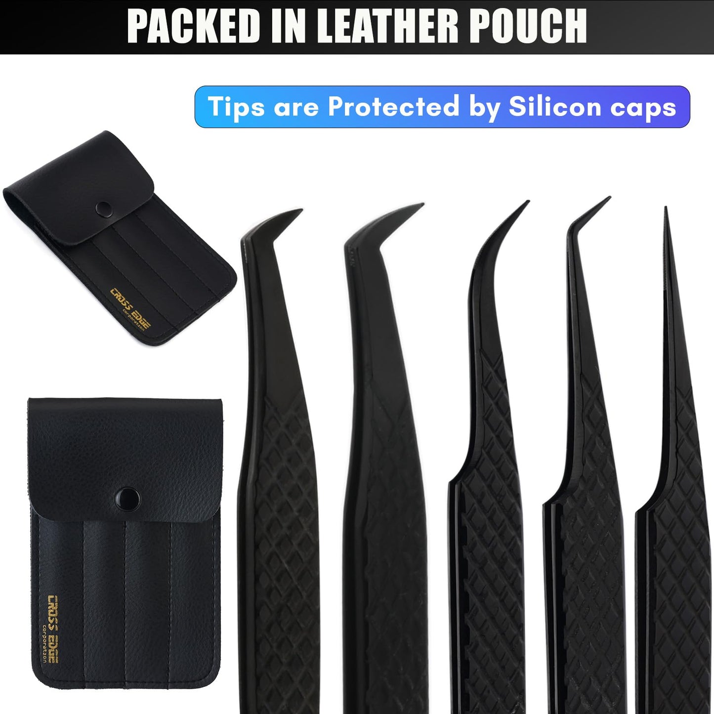 My Lash Tools Fiber Tip Lash Tweezers for Lash Extensions Precision Boot Volume Eyelash Extensions Tweezers Japanese Steel Curved Isolation Tweezer Set Fiber grip tweezers pinzas para (5pcs, Black)