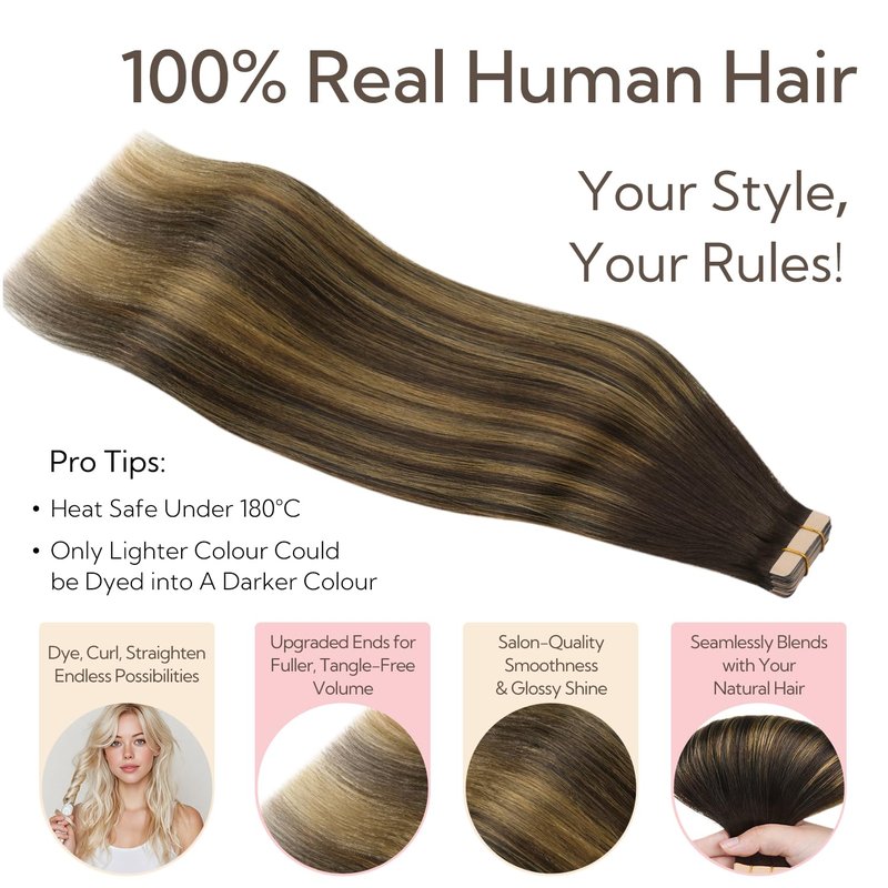HOTBANANA Tape in Hair Extensions, 18 Inch 20pcs 50g Balayage Dark Brown Mixed Chestnut Brown Tape in Real Remy Human Hair Extensions Straight