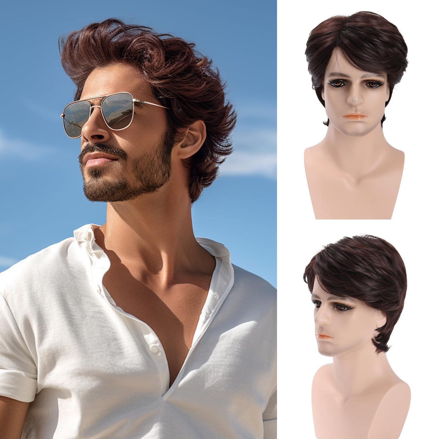 VRbeatter Short Brown Wig for Men Layered Cut Wavy Fluffy Hair Wig with Bangs for Men Highlight Short Wig Natural Looking Synthetic Wigs for Daily Use Brown Mix Gold (M610)