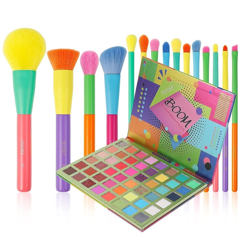 Docolor 15-Piece Colorful Makeup Brush Set & 48-Color Ultra Pigmented Eye Shadow Palette - Soft, Blendable Matte & Shimmer Finishes