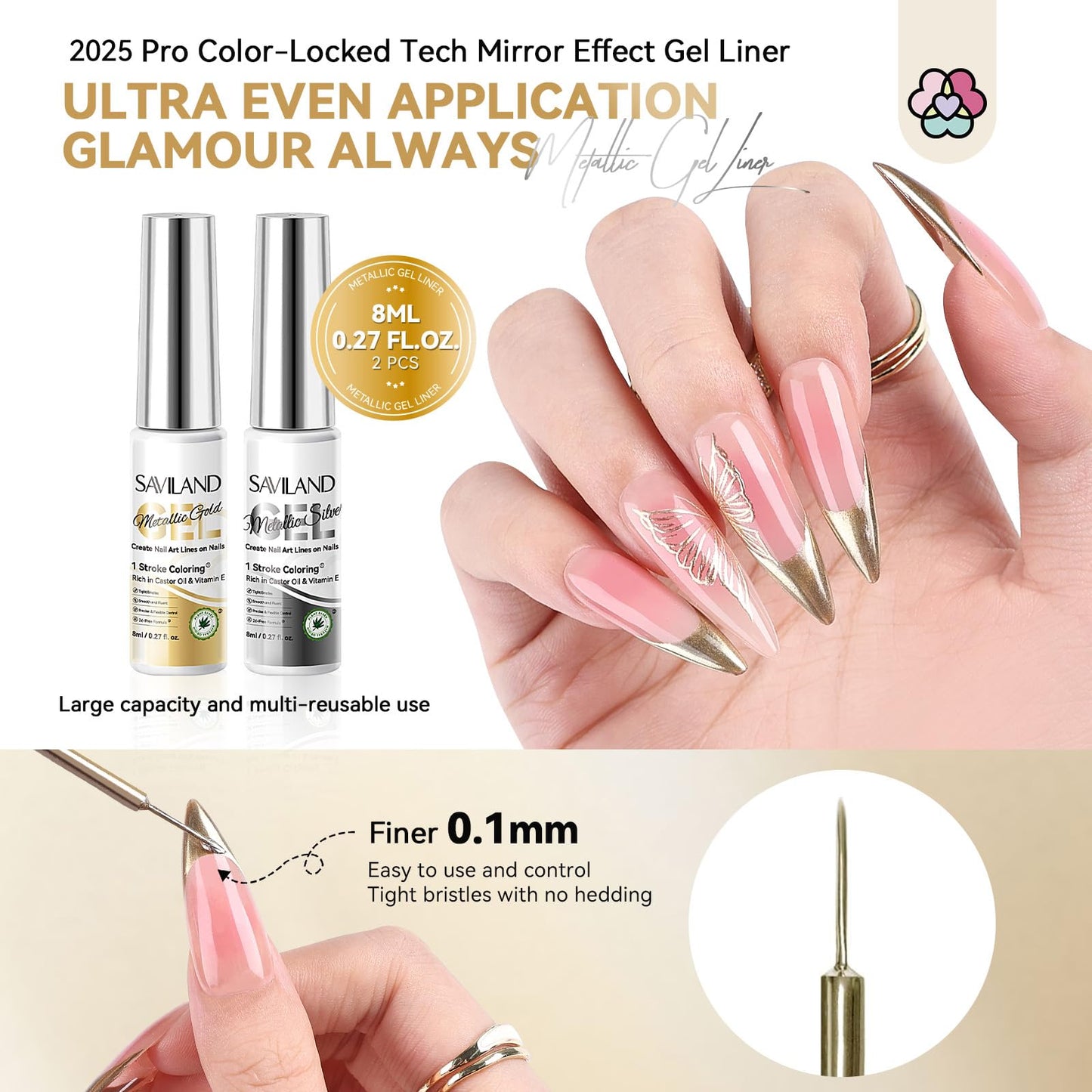 SAVILAND Metallic Gel Liner Nail Art: 2PCS Silver & Gold Metallic Gel Nail Polish Chrome 3D Effect Mirror Gels Polish Build in Thin Brush Metal Painting Gels Nails Design for Salon Home DIY