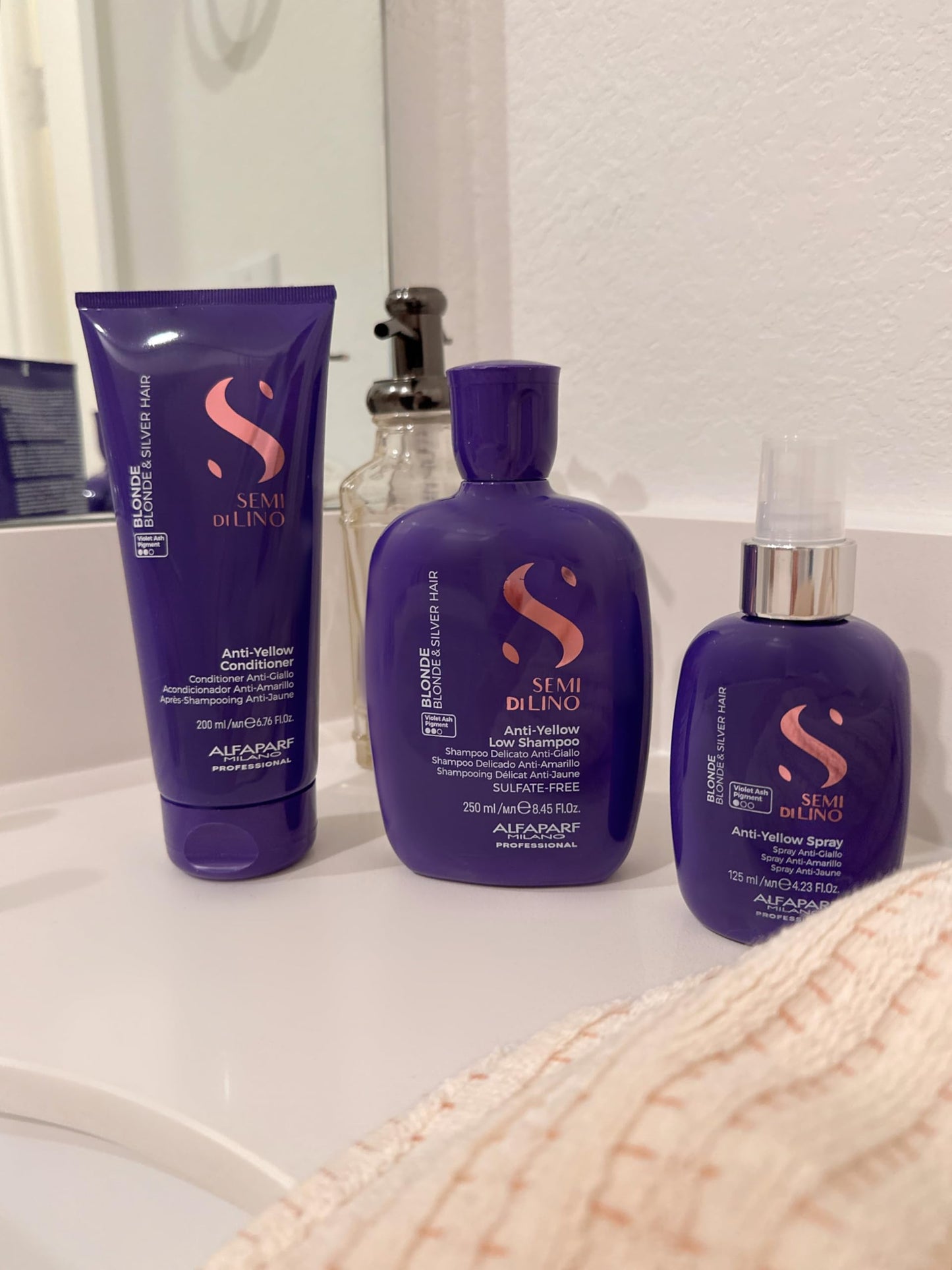 Alfaparf Milano Semi di Lino Gift Set for Blonde and Silver Hair - Anti-Yellow Sulfate Free Shampoo, Conditioner and Leave-In Spray Toner - Neutralizes Unwanted Yellow Tones