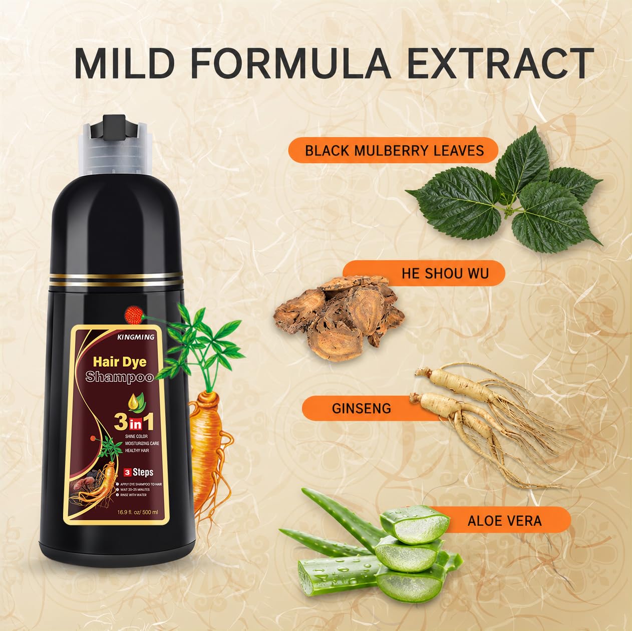 KINGMING Dark Brown Herbal Instant Color Shampoo for Gray Hair Coverage for Women & Men - 3 in 1 Champu Con Tinte Para Canas 500ml