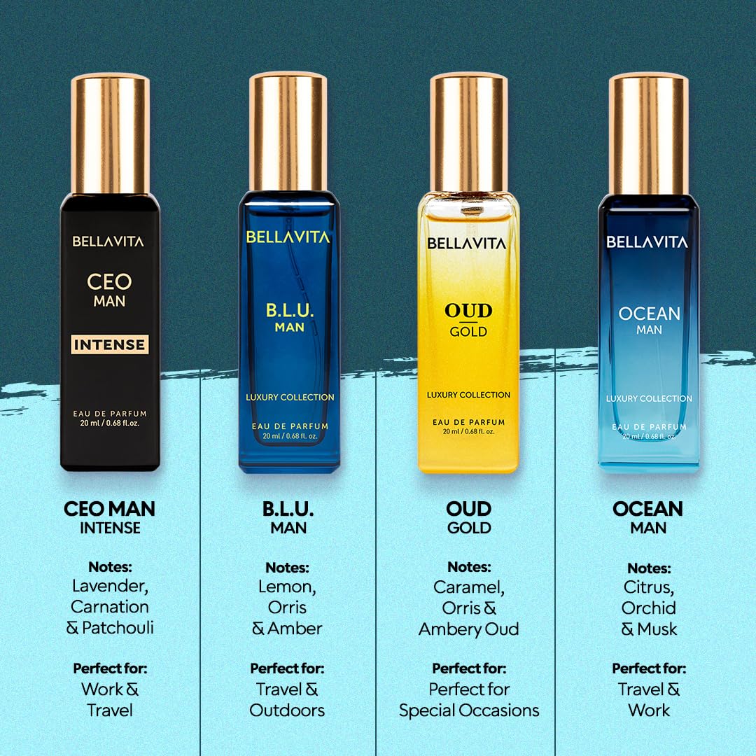 Bellavita Luxury Men's Luxury Perfume Gift Set with Gold Oud,OCEAN, B.L.U., & CEO Man Intense | 80ml | Perfume for Men and Women | Lavender, Bergamot, and Caramel Notes | Long Lasting Unisex Fragrance